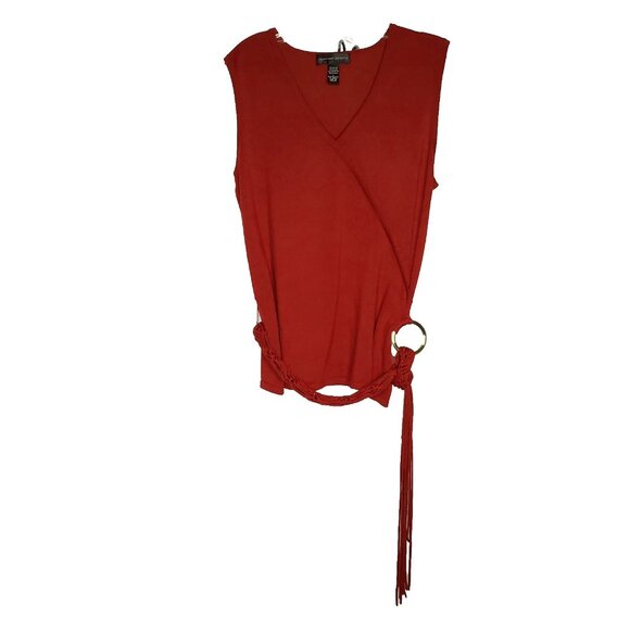 Womens Sleeveless V Neck Sweater L Rust Red Tassels Macrame Belt Boho Hippie - Picture 1 of 6